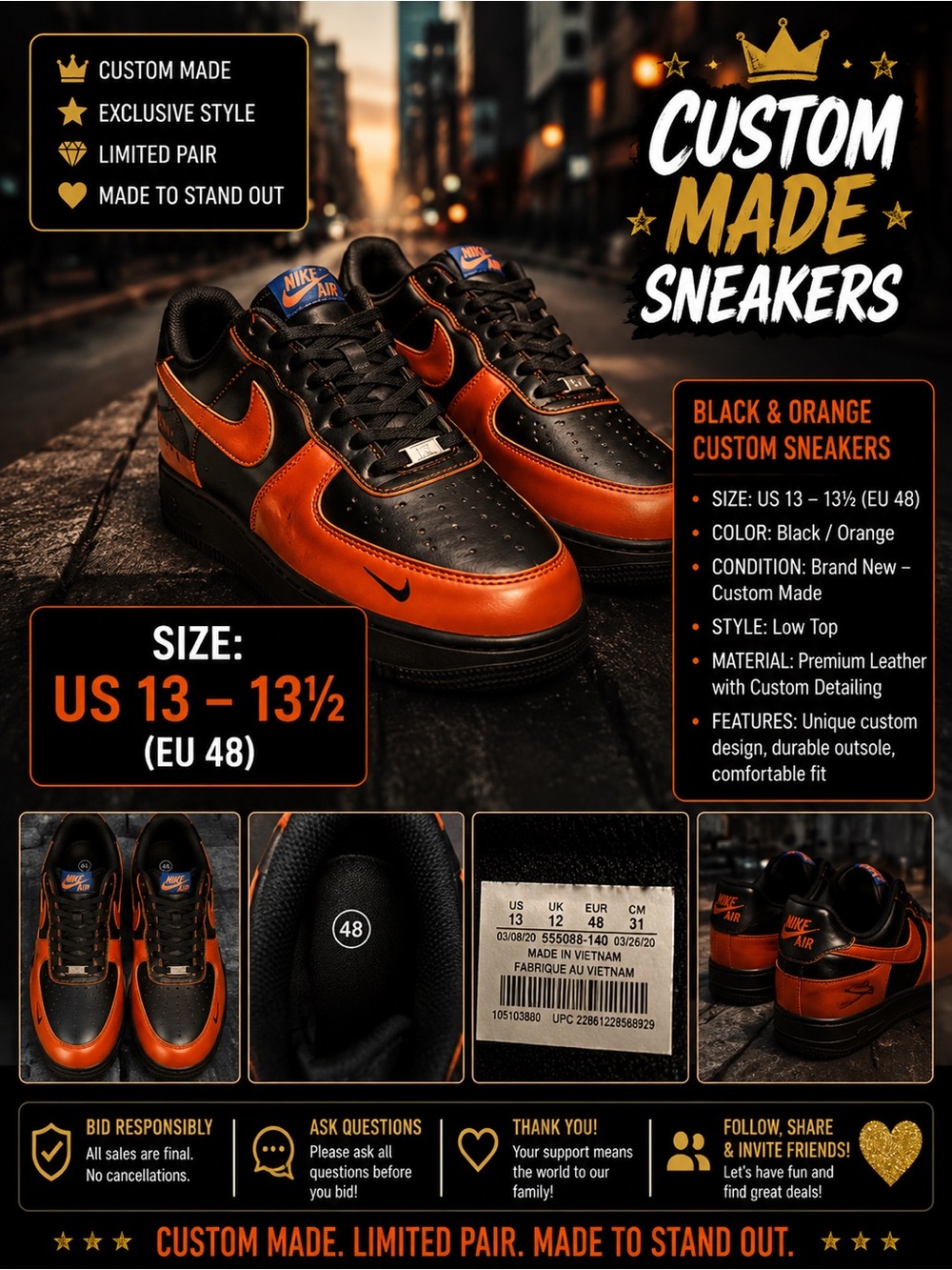 Custom Black & Orange Low-Top Sneakers